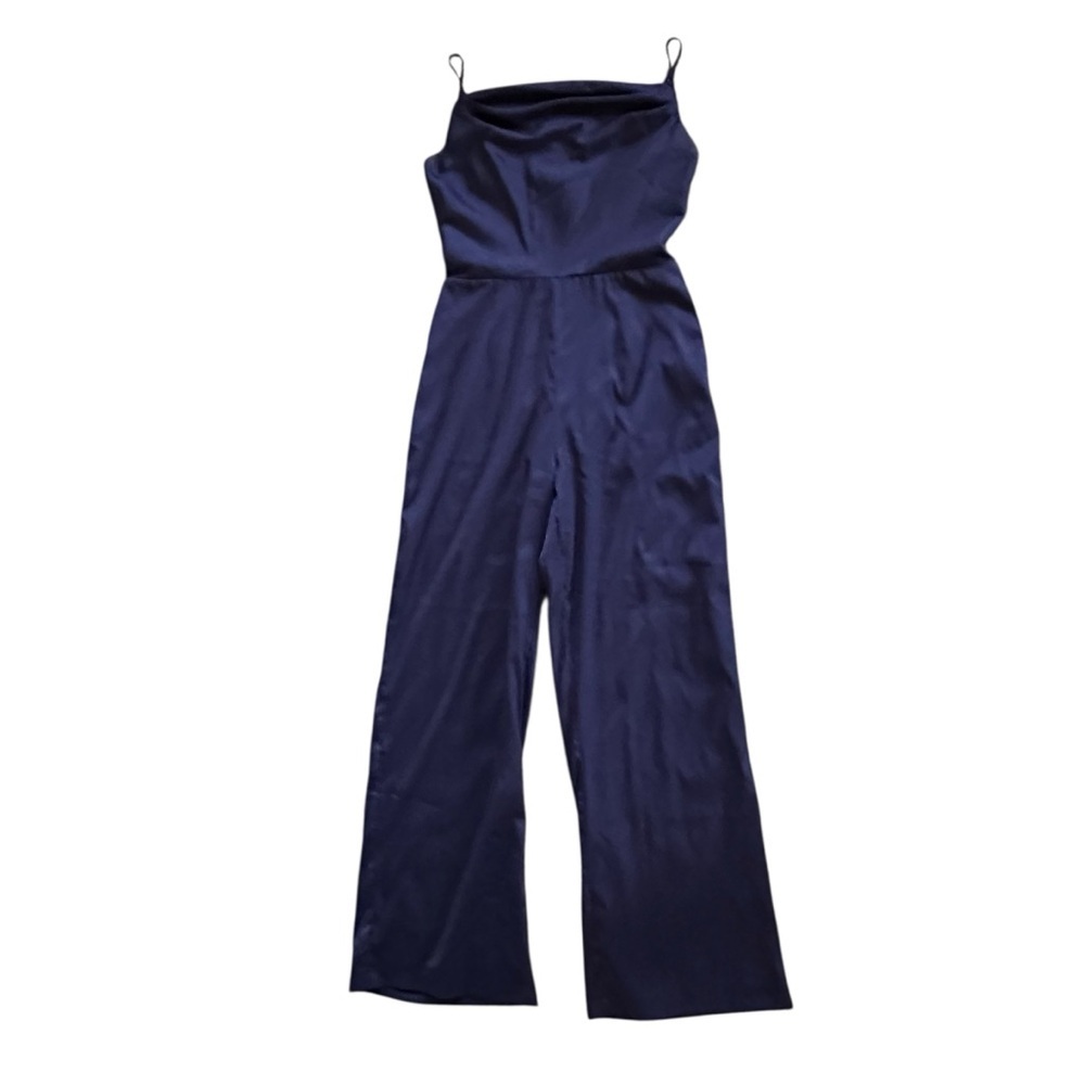 Adelyn Rae Navy Satin Wide Leg Jumpsuit Spaghetti Strap Size M